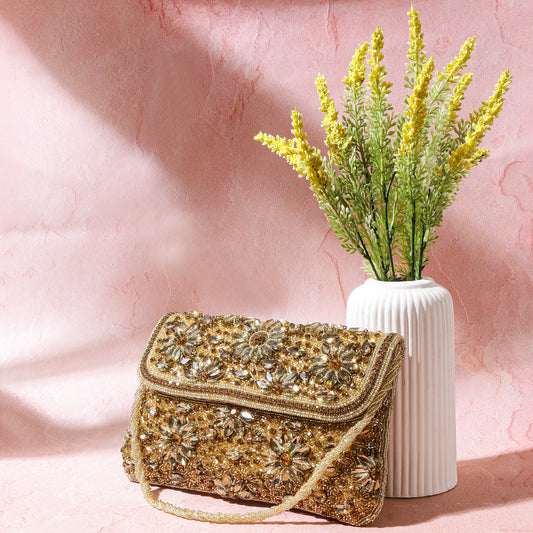 QANISHA DIYAARA – Premium Hand Zari Embroidered Bridal Clutch with Dual Carrying Options