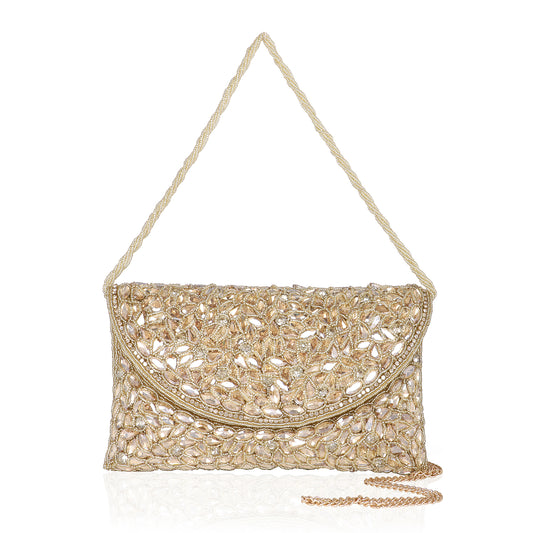 QANISHA ROSHNI – Premium Hand Zari Embroidered Bridal Clutch with Dual Handle Options