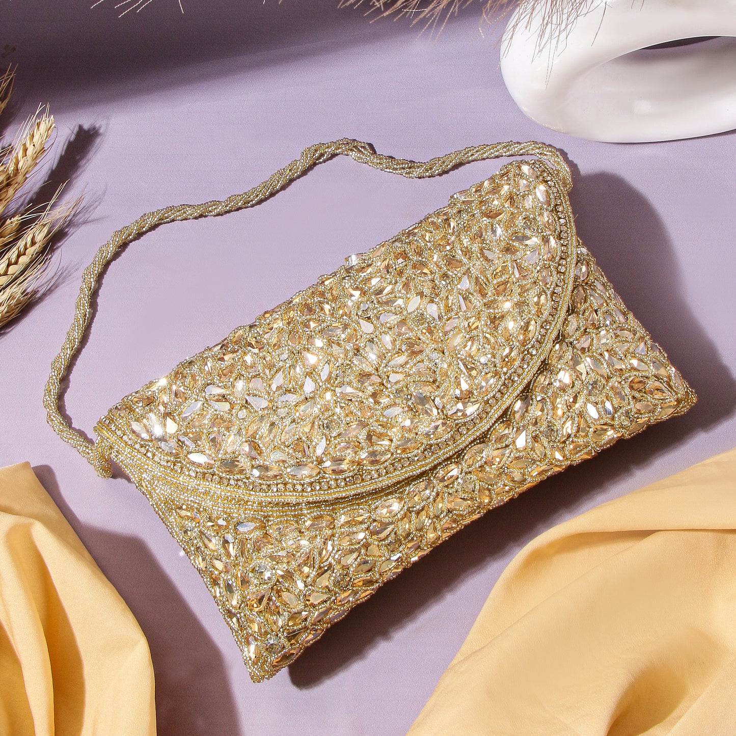 QANISHA ROSHNI – Premium Hand Zari Embroidered Bridal Clutch with Dual Handle Options