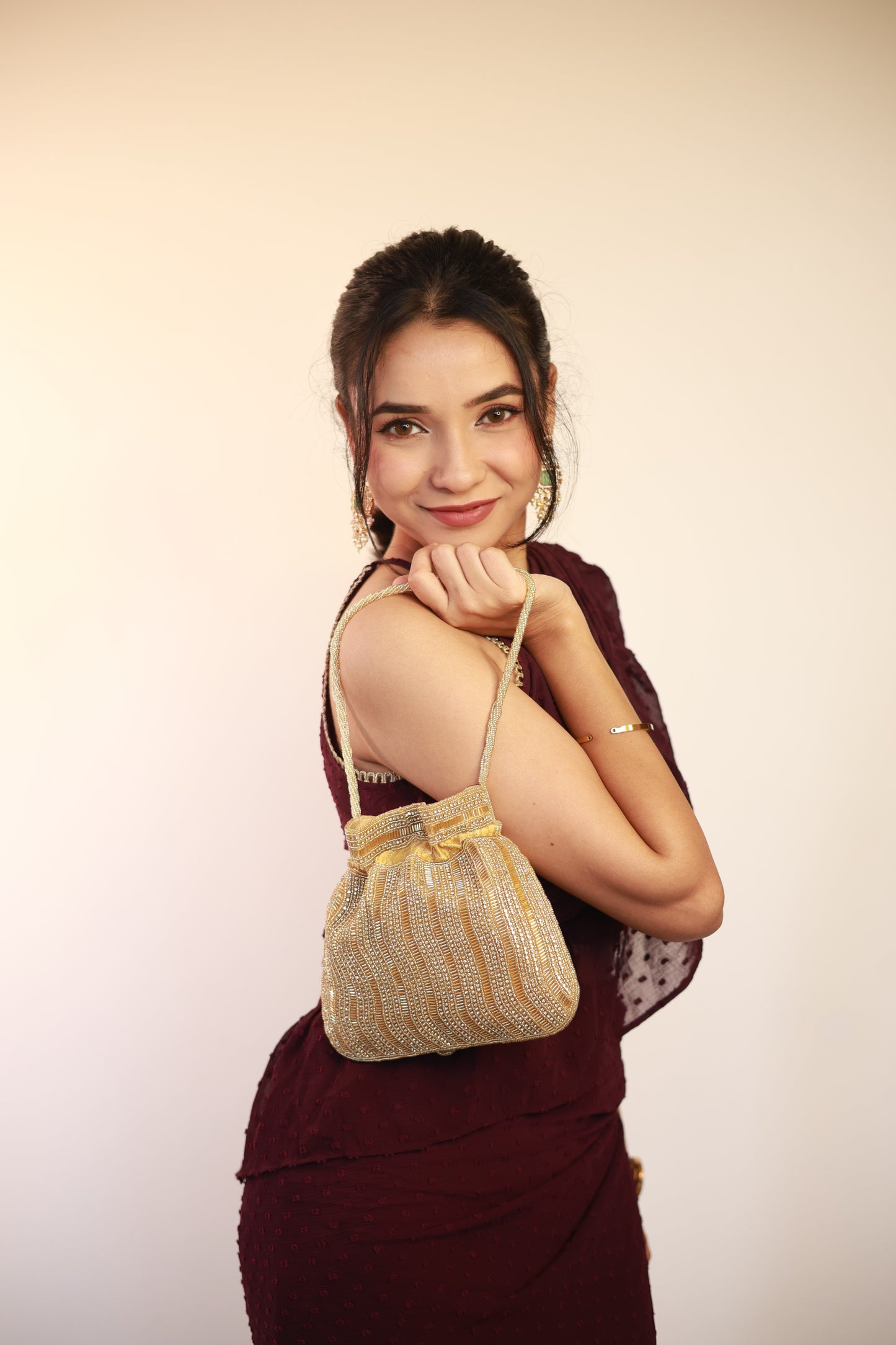 Luxury Handcrafted Bridal Potli Bag for Women - Golden Glam Embellished Zari Beaded Purse